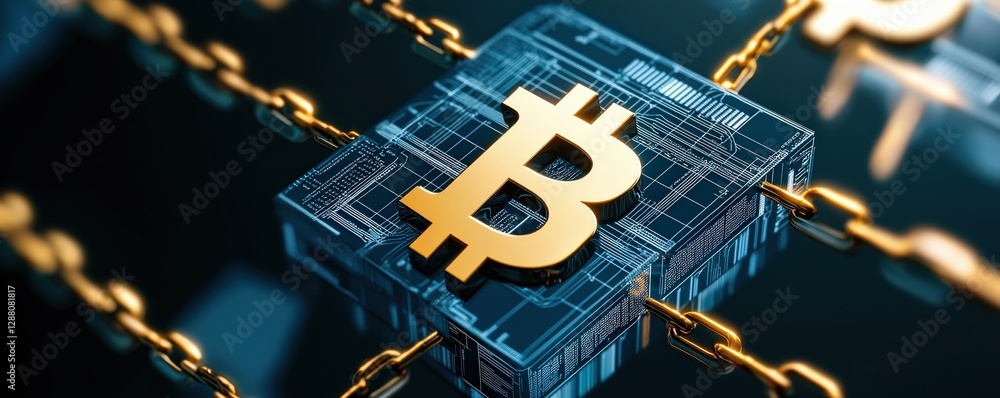Poster impact effect economic services concept. digital representation of bitcoin on a blockchain backgroun