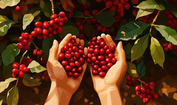 Hands holding ripe coffee cherries against lush green coffee plant background - Powered by Adobe