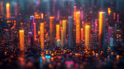 Fototapeta premium Night city skyline, colorful glow, metropolis lights, urban planning backdrop