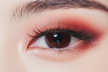 Captivating eye makeup featuring rich red tones and delicate las