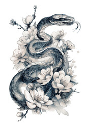 Serpentine Bloom: A Monochromatic Snake and Cherry Blossom Tattoo Design