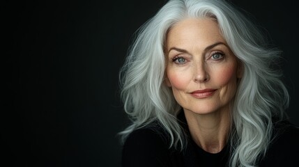 Fototapeta premium Woman with long gray hair is smiling and looking at the camera. She is wearing a black shirt and she is posing for a photo