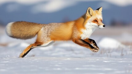Obraz premium Earth day environmental concept. A vivid image of a fox leaping gracefully across a snowy landscape in a winter scene.
