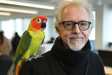 Colorful parrot perched on shoulder of smiling man in modern office setting during daytime