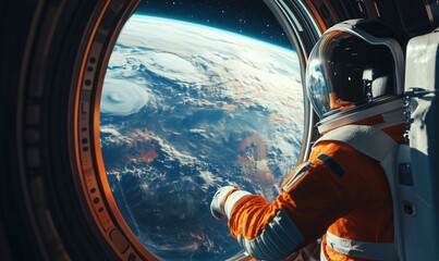 Astronaut gazing at Earth from spacecraft window, observing hurricane formation