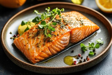 succulent herb-crusted salmon fillet on rustic ceramic plate, garnished with microgreens and citrus, soft directional lighting, matte food photography style