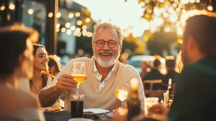 Man is smiling and holding a glass of beer while sitting at a table with other people. The atmosphere seems to be relaxed and social, as everyone is enjoying their time together