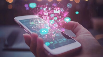 Augmented reality digital communication, smartphone with holographic social networking icons