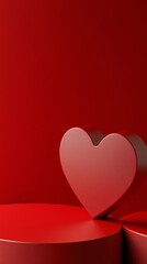 A 3D rendering of a red podium background for product display, incorporating symbols of love in celebration of Valentine's Day, a holiday honoring women