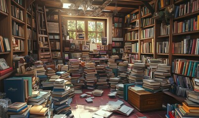 Fototapeta premium Cozy cluttered library filled with books and natural light streaming through windows