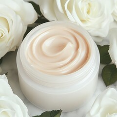 Luxurious cream surrounded by fresh white roses creates an elega