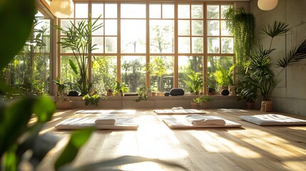 Fototapeta premium Serene Sanctuary: A sun-drenched yoga studio exudes tranquility, with natural light streaming through large windows onto a wooden floor adorned with mats, inviting relaxation and wellness.