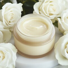 Cream jar surrounded by delicate white roses creates serene atmo