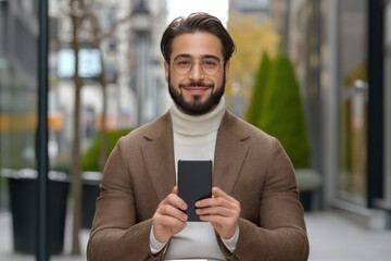 A professional in Canada using a smartphone for financial analysis and remote work updates.