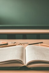 Open book resting on wooden table, surrounded by pens and notebo