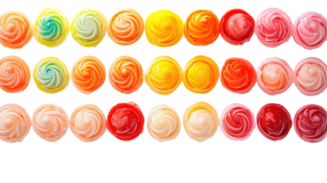 Colorful array of spiral cupcakes displayed in vibrant hues, showcasing sweet treats in a delightful arrangement
