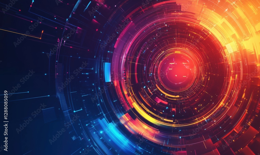 Poster abstract digital vortex with glowing lines and circular patterns in vibrant colors
