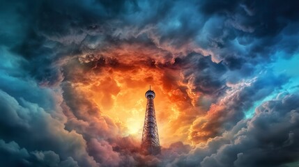Fototapeta premium Tall Tower Amidst Fiery Storm Clouds