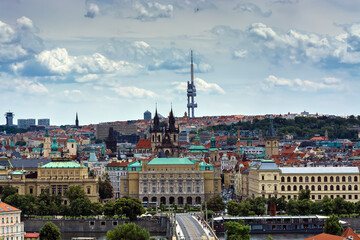 View of the Vltava River, Manesov Bridge and the old part of Prague with the towers of the Tyn Church, in the Czech Republic from the Wallenstein Garden.