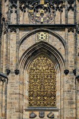 Arched window with golden lattice on the Basilica of St. George in Prague Castle. From the series of windows of the World.