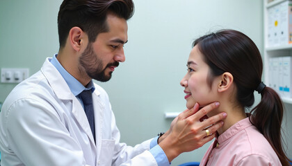 A caring doctor consults a patient suffering from skin irritation or allergies during the spring allergy season, emphasizing professional care and support.