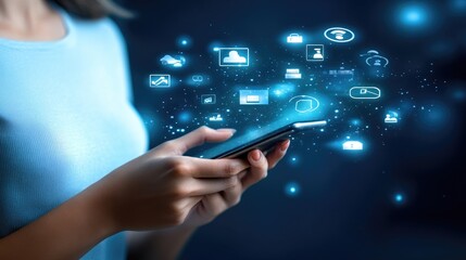 Business-oriented digital marketing scene with a woman's hand gripping a smartphone, glowing icons in blue space