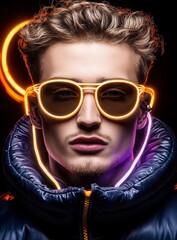 Young Man in Neon Glasses with Glow Effect Against Dark Background