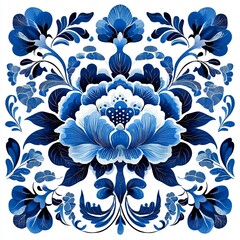 Talavera-style ethnic folk ceramic tile featuring a navy blue floral design, showcasing a blend of Italian, traditional Portuguese, and Spanish decor, set against a white background