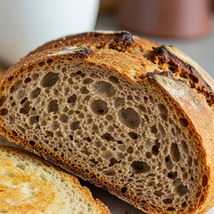 sliced bread on wooden table. closeup detail of rye yeast sliced bread for breakfast with breakfast toast.