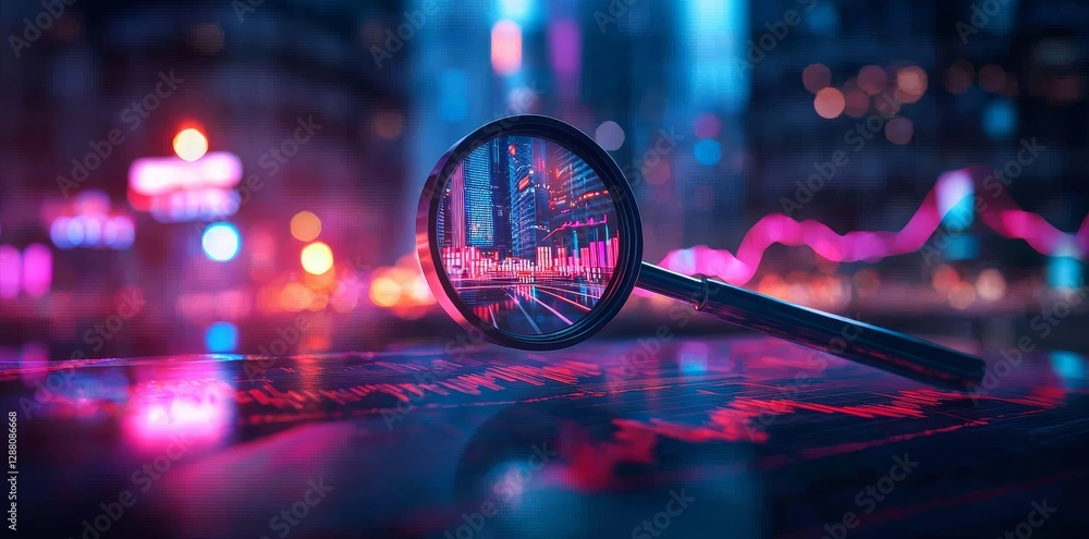Poster in-depth financial data analysis is conducted using a magnifying glass with generative ai