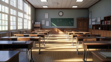 Classic high school classroom setup in D render, featuring rows of desks, chalkboard, and clean flooring