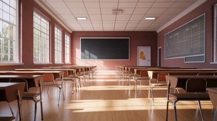 Classic high school classroom setup in D render, featuring rows of desks, chalkboard, and clean flooring