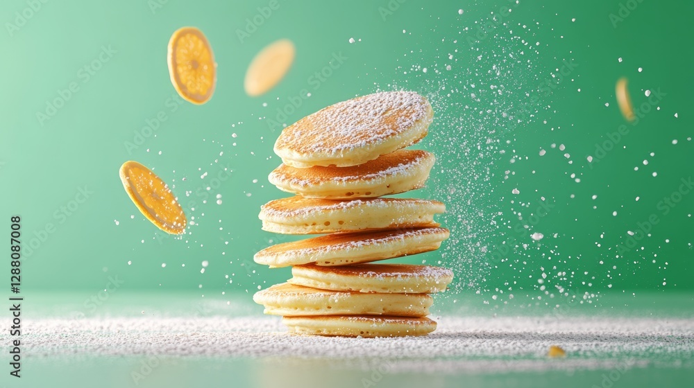 Poster stack of pancakes with powdered sugar on top. the pancakes are piled on top of each other, with some