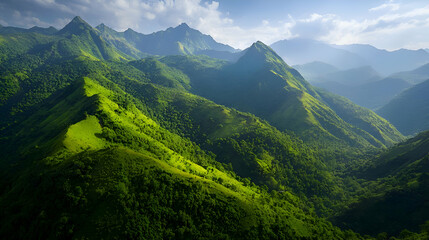 Lush Green Mountain Range Under a Bright Sunny Sky