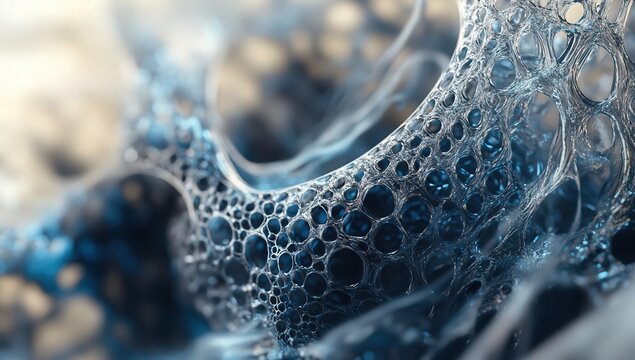 Intricate network of bubbles, a mesmerizing abstract close-up. Cool blue tones dominate, creating a serene yet complex image.