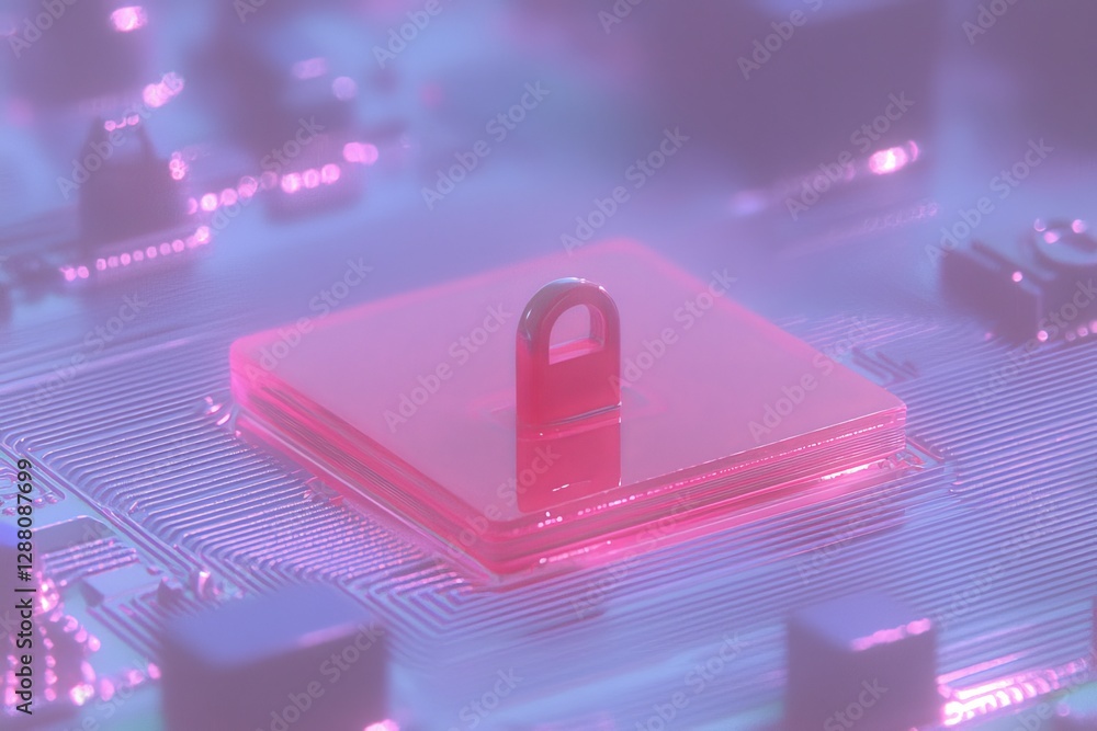 Poster a digital representation of a polygonal open padlock hologram is set against a blue backdrop with a 