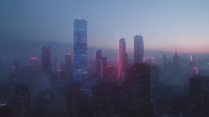 Fototapeta premium A digital skyline, replete with a network of binary code particles, forms the backdrop for an abstract hologram of a 3D city, where futuristic architecture and technological innovation converge,