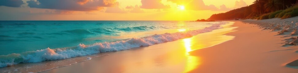 Beach at sunset with golden sand and turquoise water, sand, sunset