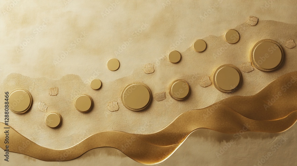 Aufkleber abstract golden circles and textured waves on a beige background creating a sophisticated aesthetic