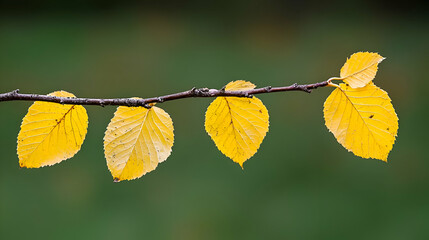 Obraz premium Four Yellow Autumn Leaves on a Branch Against a Dark Green Background