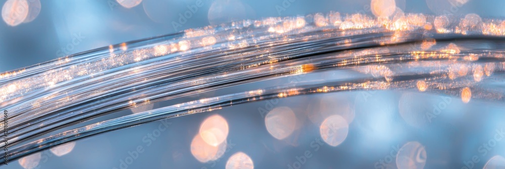 Poster close-up image of a shiny fiber optics pattern used for data transfer, set against a technology back