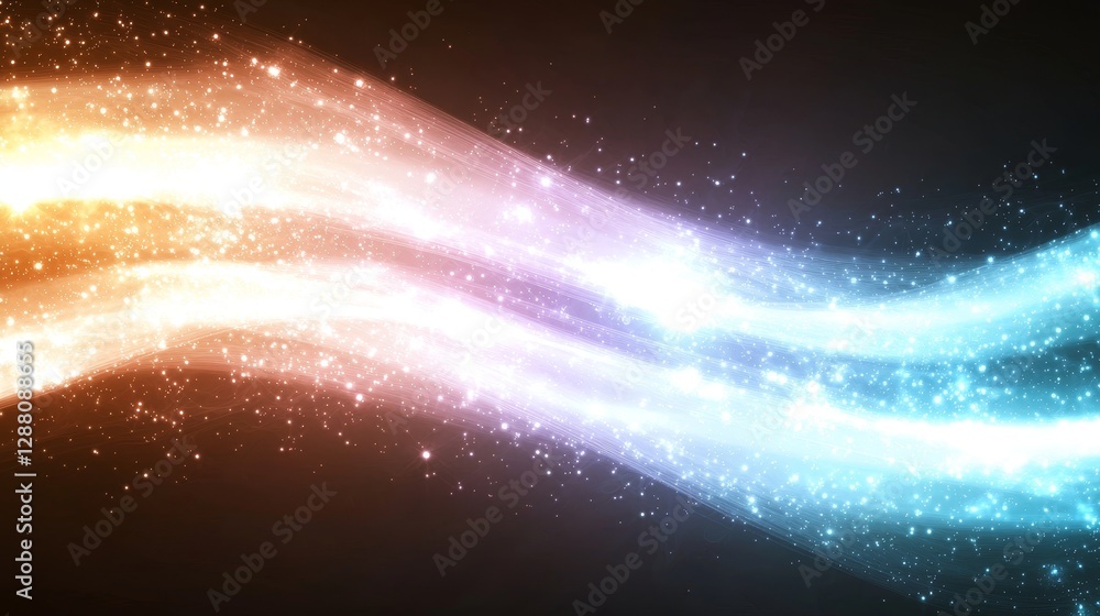 Poster hologram technology is showcased through a display of particles that glow in the background