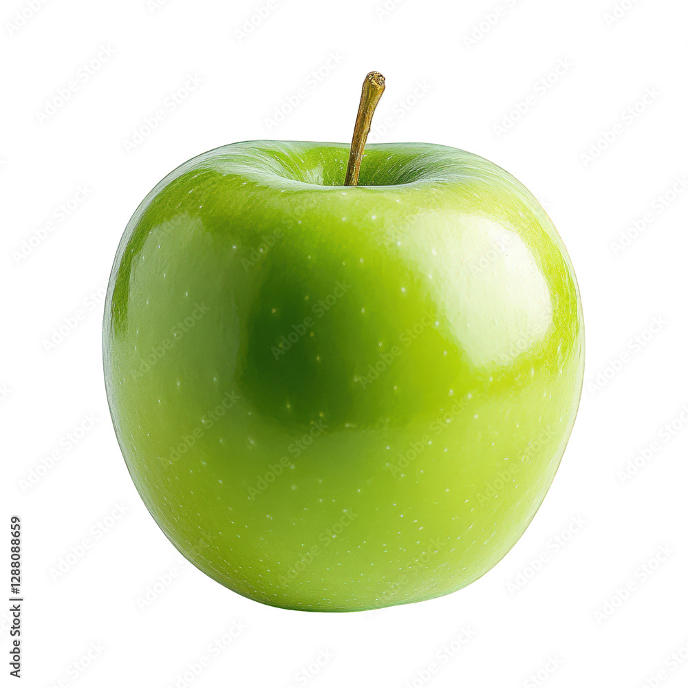 Poster shiny green apple with a smooth surface and a short stem. set against a plain white background it hi