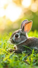 Fototapeta premium Adorable fluffy rabbit resting on vibrant green grass under warm sunlight, showcasing its cute features and playful demeanor, perfect for pet lovers, animal photography concept