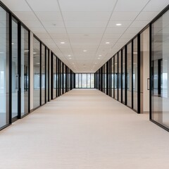 Minimalistic Office Corridor with Glass Doors and Bright Lighting