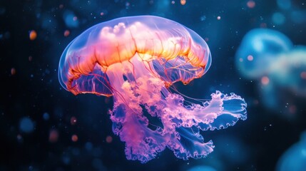 Naklejka premium Colorful jellyfish swimming gracefully in deep ocean water at night
