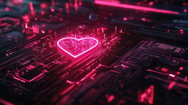 Glowing heart shape in a digital circuit creating a vibrant tech atmosphere