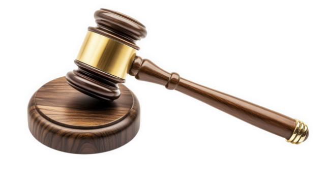 wooden gavel with a gold band. resting on a round base the gavel symbolizes authority and is commonly associated with legal proceedings. courtrooms. and decision-making its polished finish highlights