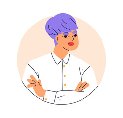 Modern young woman portrait. Trendy style female character, circle avatar. Girl with short dyed colored hair, arms crossed, stylish hairstyle. Flat vector illustration isolated on white background