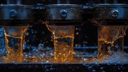 Close-up of amber liquid flowing from industrial machinery. The dark setting and glistening liquid create a dramatic and captivating image.